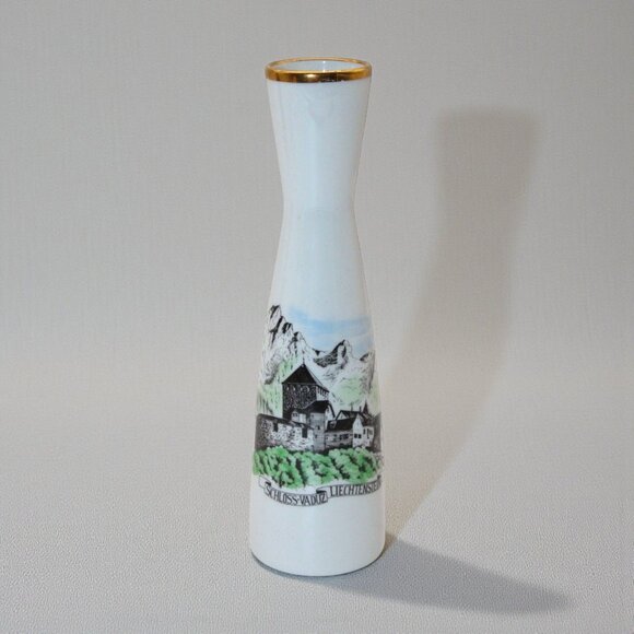 Schloss Vaduz Other - Schloss Vaduz Liechtenstein Souvenir Gold-Rimmed Ceramic Vase 6" Alpine Castle